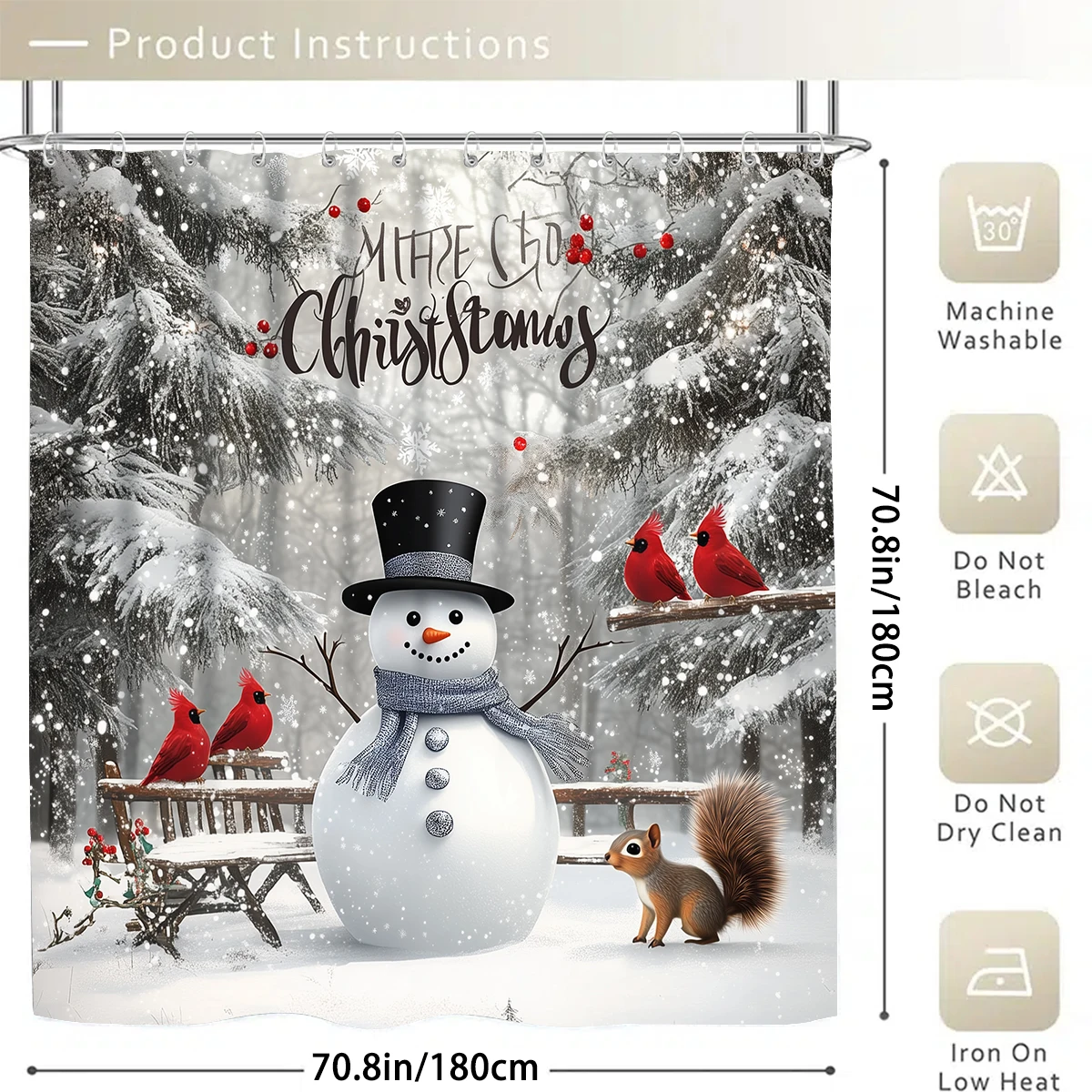 Christmas snowman squirrel 1/4PC shower curtain set waterproof shower curtain and waterproof non-slip carpet,12 hooks included