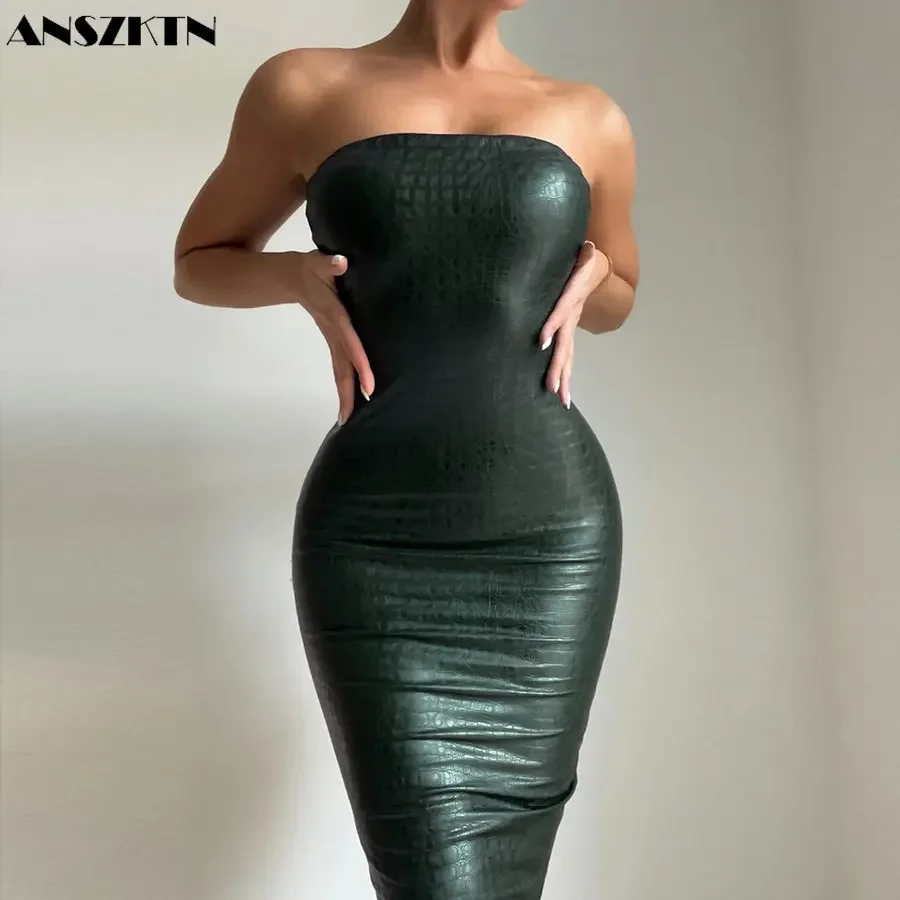 ANSZKTN Vestido casual sexy de peito plissado de couro apertado feminino de verão