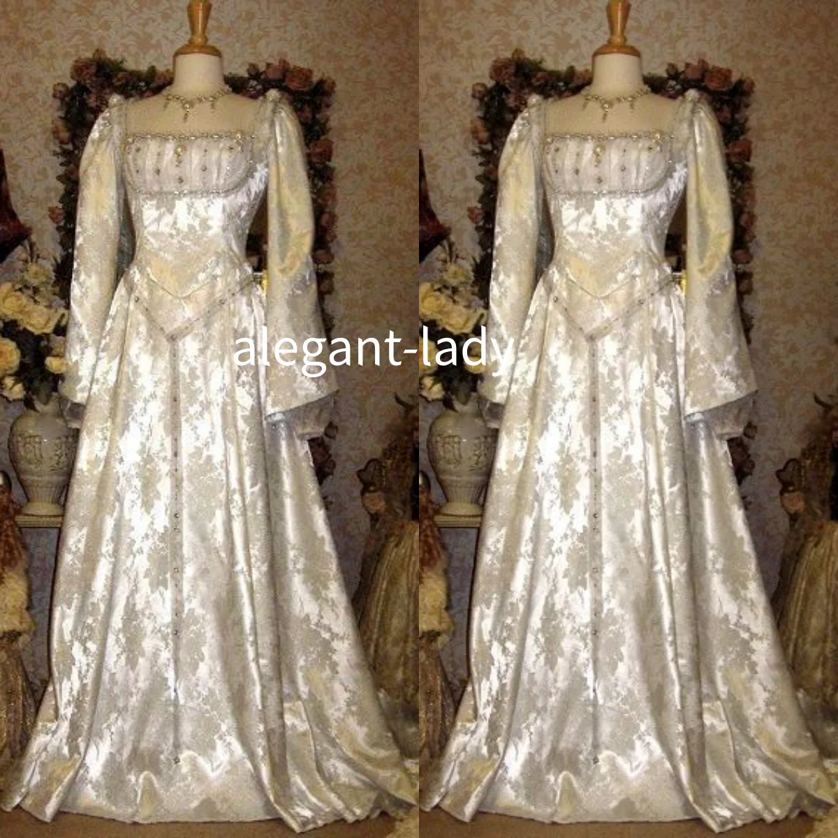 

Ivory Square Neck Medieval Evening Dress Vintage Victorian Appliques Renaissance Queen's Evening Gown Customised