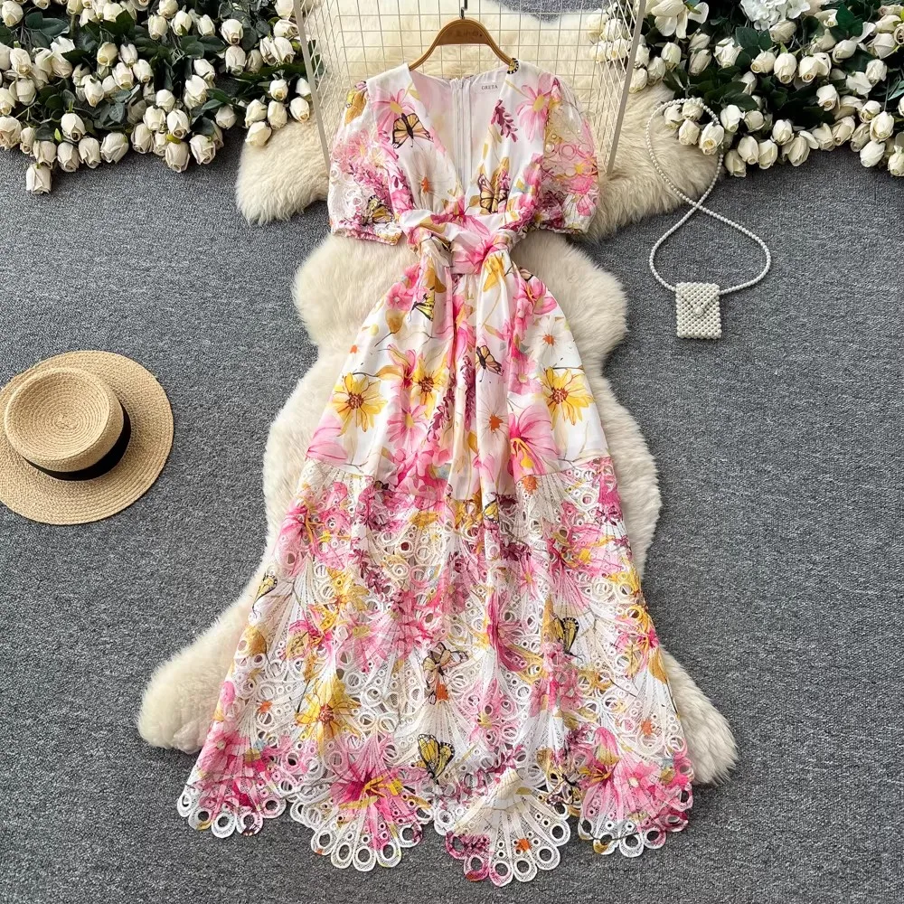 Colorblock Hollow Out Elegant Dress Women V-Neck Short Sleeve Floral Print High Waist Embroidery Hook Flower Dress Female New