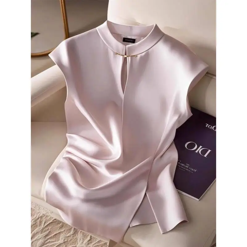 

Elegant Chinese Style Unique Sleeveless Lightweight Shirt Women Summer Shirt National Style Waist High End Feeling Top Button