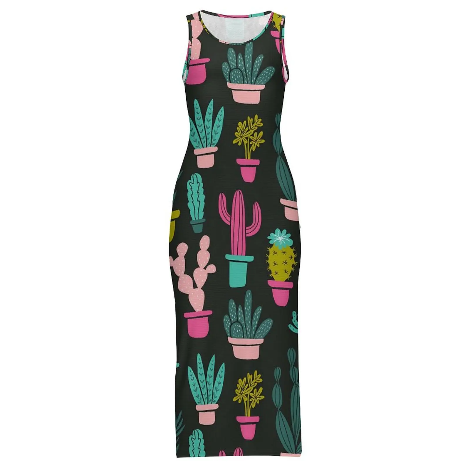 Abito aderente da donna Abiti maxi cactus divertenti casual Piante cactus primaverili Stampa senza maniche Abbigliamento da strada Abito personalizzato di grandi dimensioni