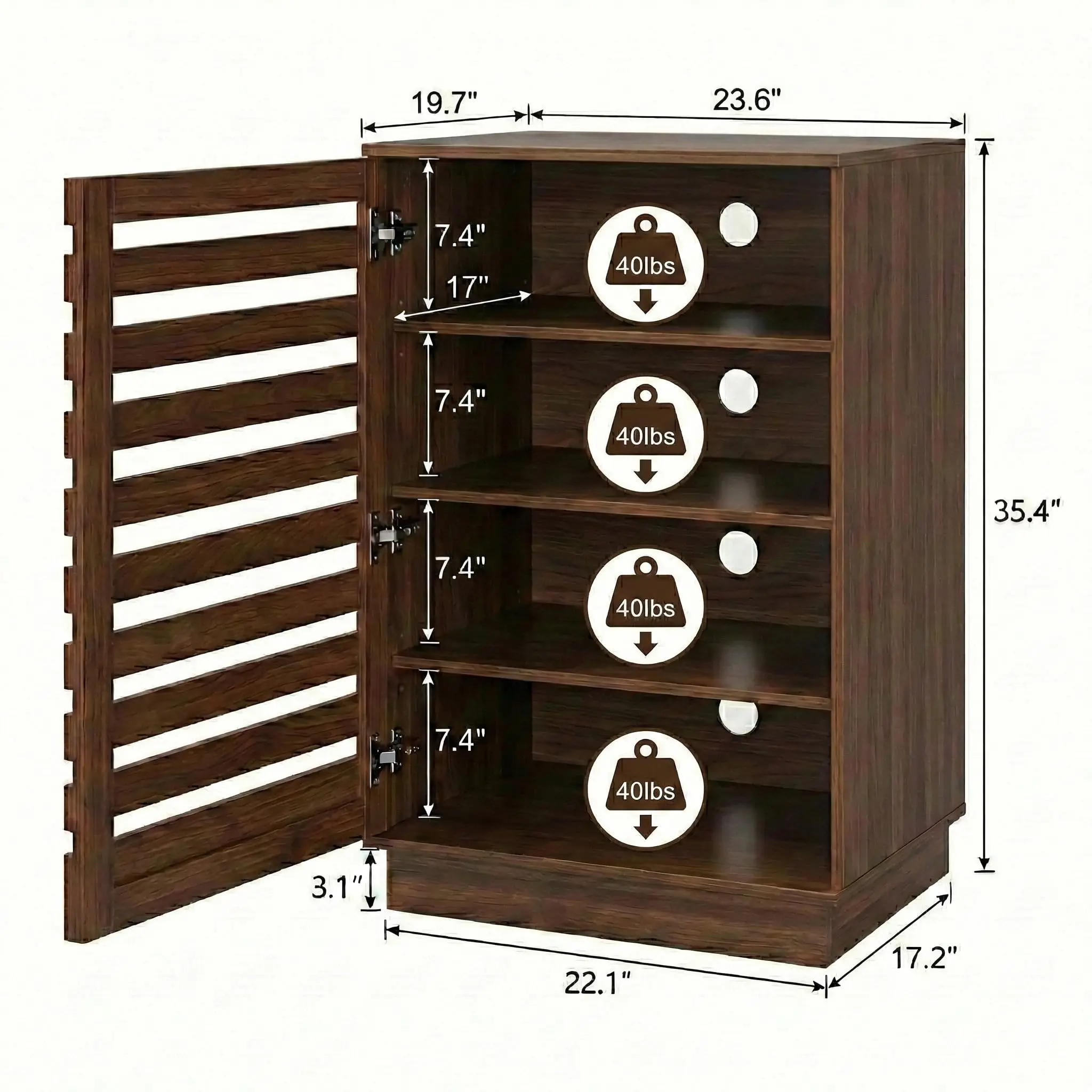 Modern Slatted Audio Component Cabinet, 4-Tier Stereo Equipment Rack Media Stand with Ventilated Door & Cable