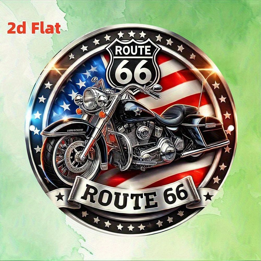 2D Flat, Vintage Route 66 Motorcycle Metal Sticker,20x20cm - Retro American Flag Design, Aluminum Wall Art, Suitable for Home, view 5