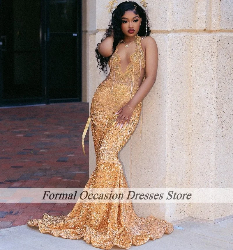 Parkly ゴールドウエディングドレス高級 2025 ホルターラインストーンクリスタルマーメイドパーティードレス黒人女の子フォーマルイベントイブニングドレス