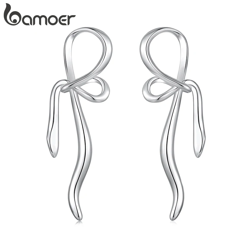 BAMOER WHITE Gold Plated 925 Sterling Silver Post Bowknot Stud Earrings, Chic Trendy Fashion Jewelry for Women Bijoux YIE266