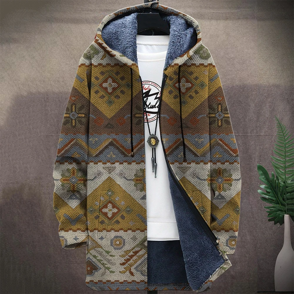 Men'S Native Retro Aztec Block Graphic Winter Coat Print Pattern Knitted Sweater Cardigan Zipper Hooded Thick Fleece For Youth