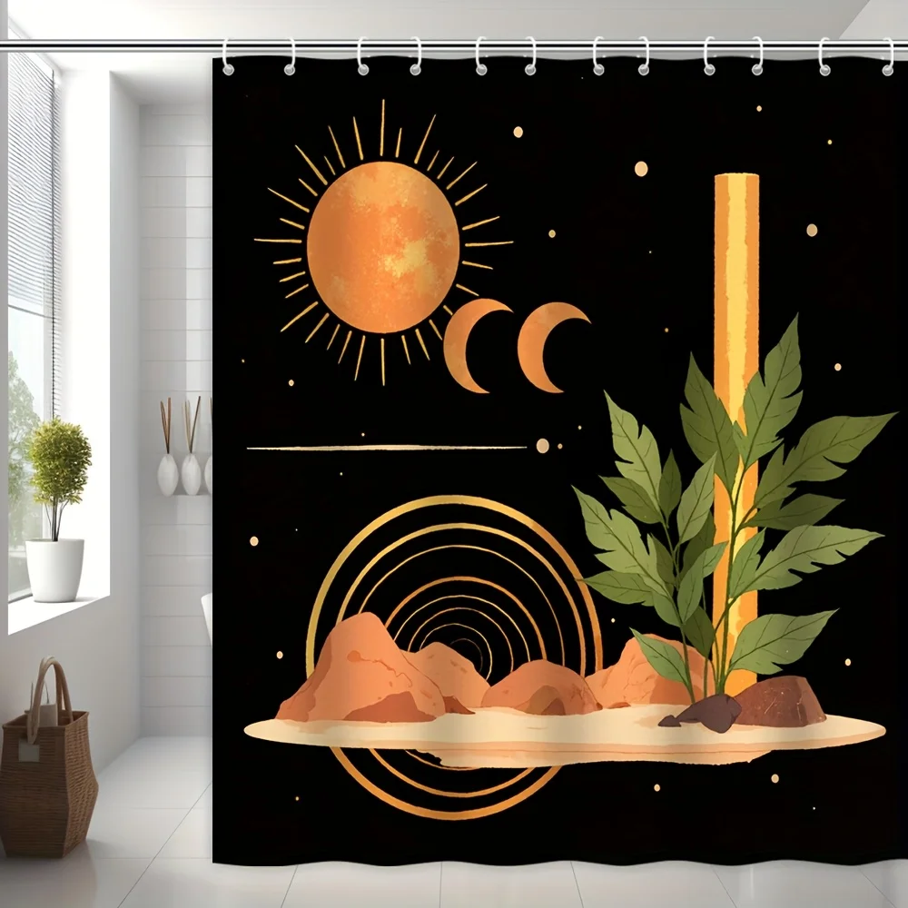 1pc Abstract Mountain Shower Curtain Medieval Leaf Pattern Bathroom Decor Polyester Fabric Includes 12 Hooks 70.8x70.8 Inches