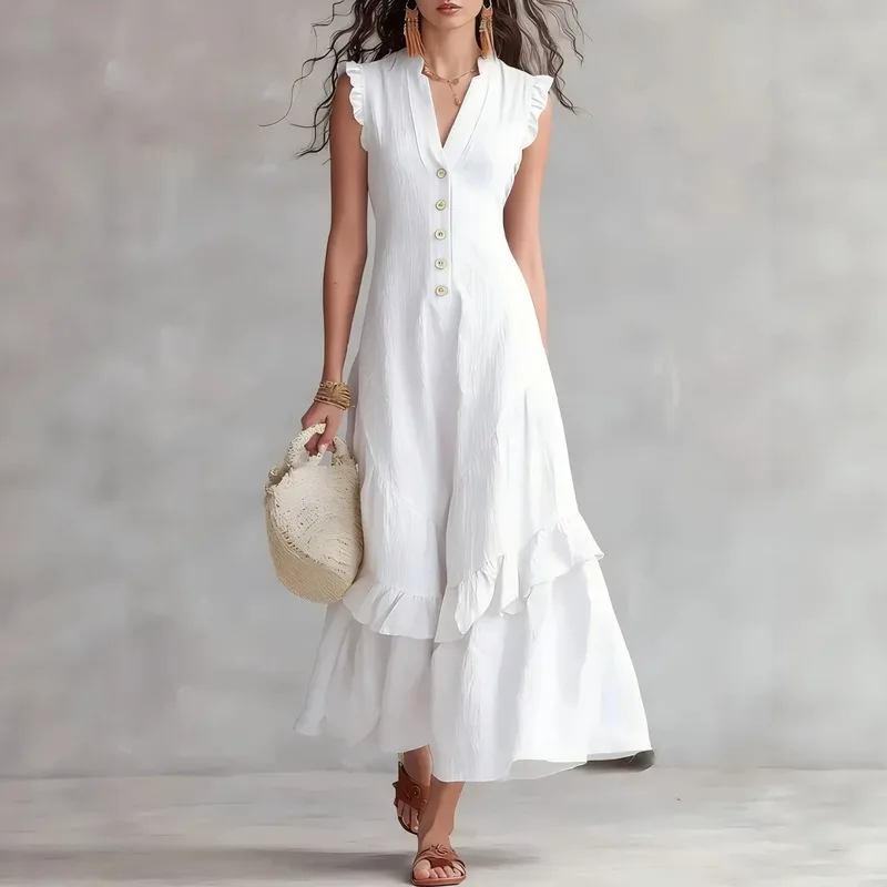 Vestido Largo Elegante De Algodón Y Lino Para Mujer, Estilo Informal Para Fiesta, Con Volantes, Botones, Cuello En V, Sin Mangas, Color Sólido — -82%, 78.77€ Coupon, from 17.29€ – 82% descuento – €17.29
