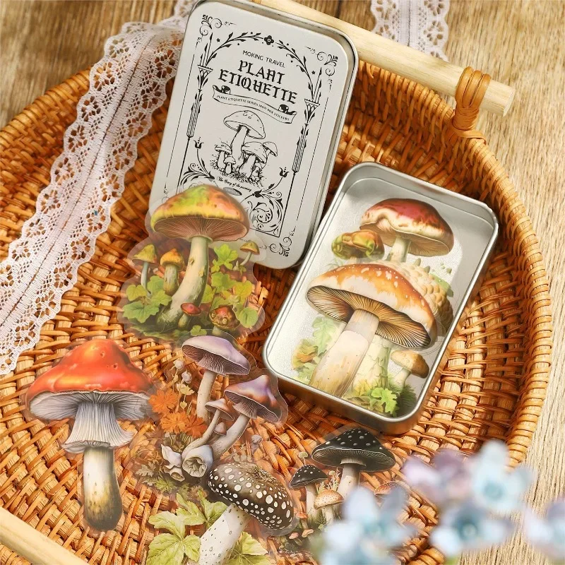 50Pcs Stickers Tin Box Sticker Plant Gift Series with Mushroom plant Retro handbook Monet backyard Scrapbook cut 190*120mm