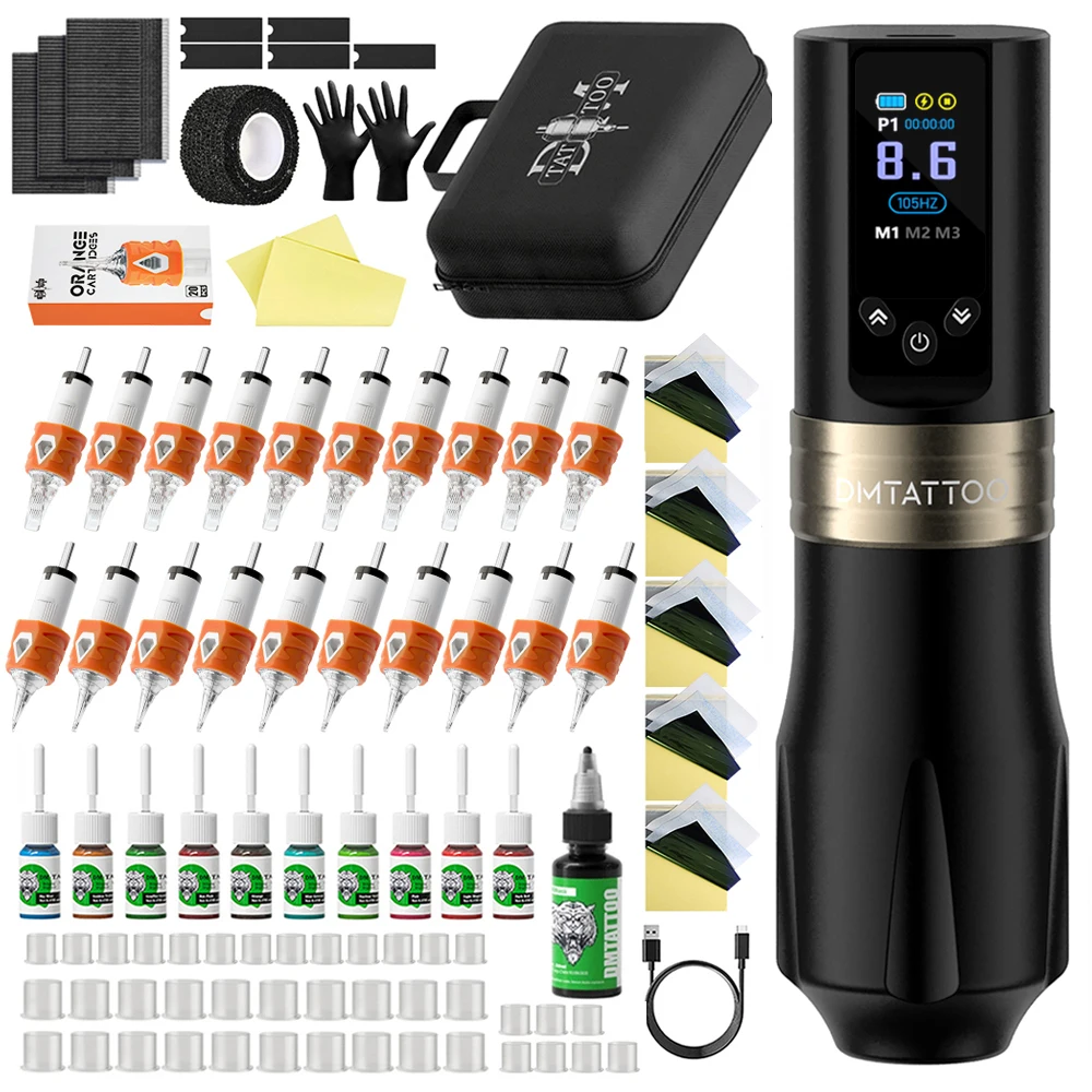 

Регулируемый комплект татуировки DM Cesar, комплект тату-машины, беспроводной комплект тату-пистолета для перманентного макияжа с оранжевой иглой, чашка с чернилами