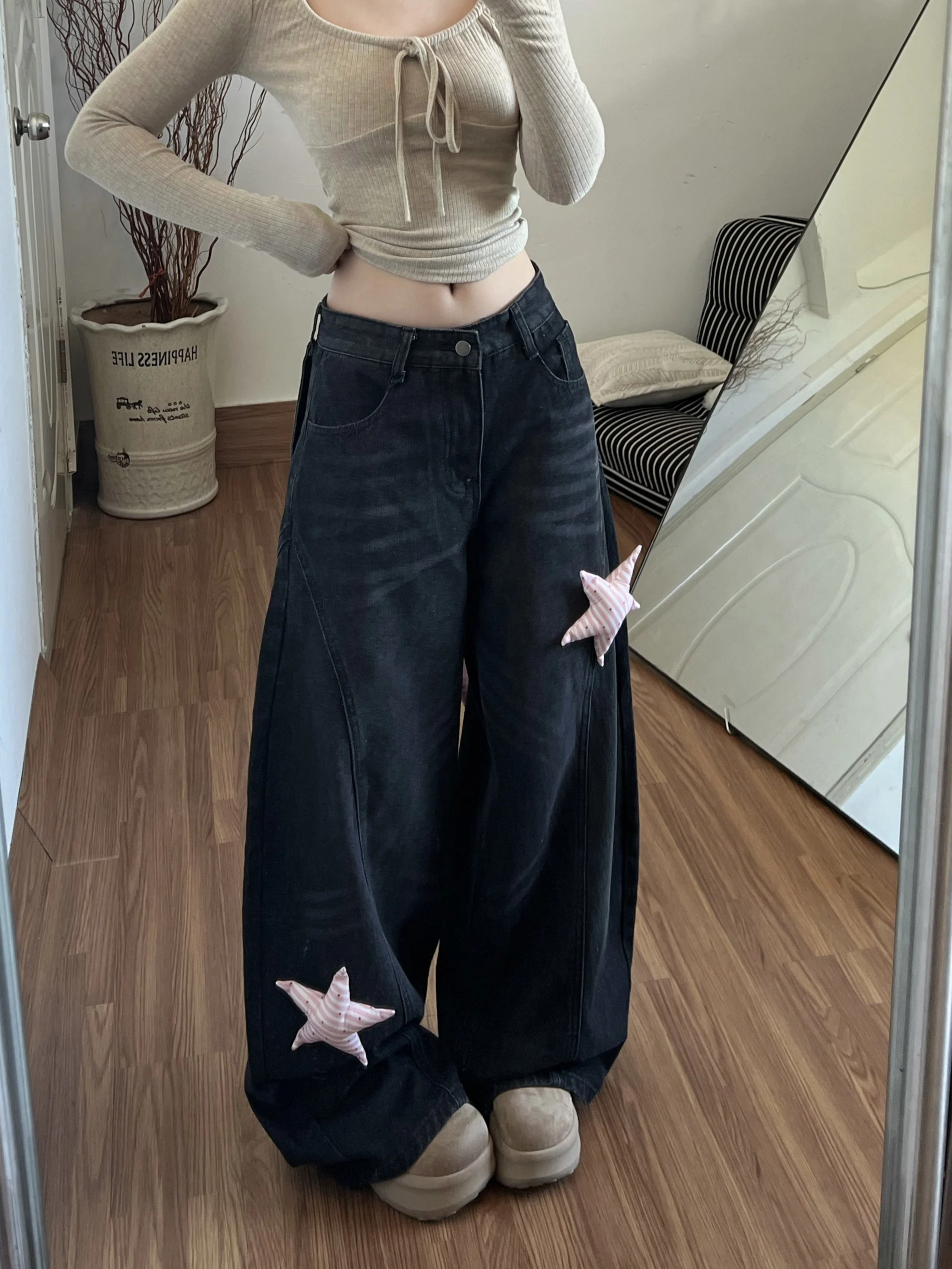 

Милые джинсы с длинными ушами-подтяжками и широкими штанинами для женщин, осенне-зимние, новинка, милый дизайн, свободные прямые брюки в пол, повседневные, с высокой талией...