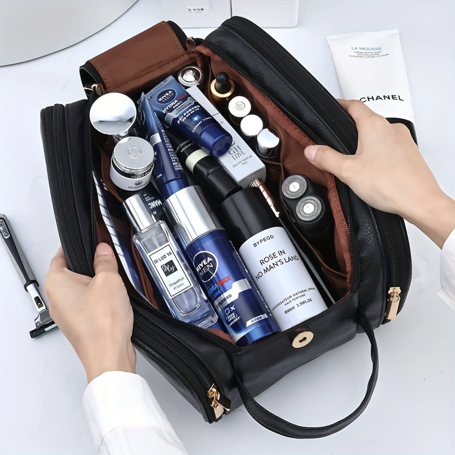 Lujosa bolsa de maquillaje de gran capacidad: elegante y duradera, organizador con doble cremallera y portaescobillas, estuche de viaje impermeable para