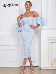 2023 Summer Sexy Strap Shoulder Lantern Sleeves Sky Blue Bodycon Mid length Dress Women's Elegant Dress Celebrity Evening Party