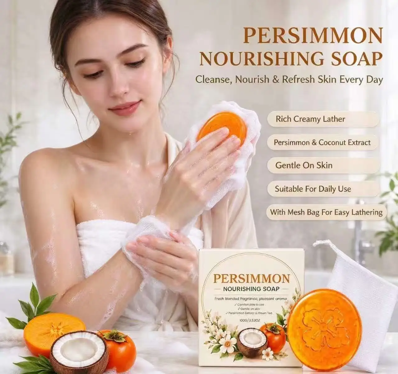 Persimmon Nourishing Soap Fresh Natural Aroma Rich Creamy Lather Handmade Bath Soap For Daily Skin Cleansing And Nourishment