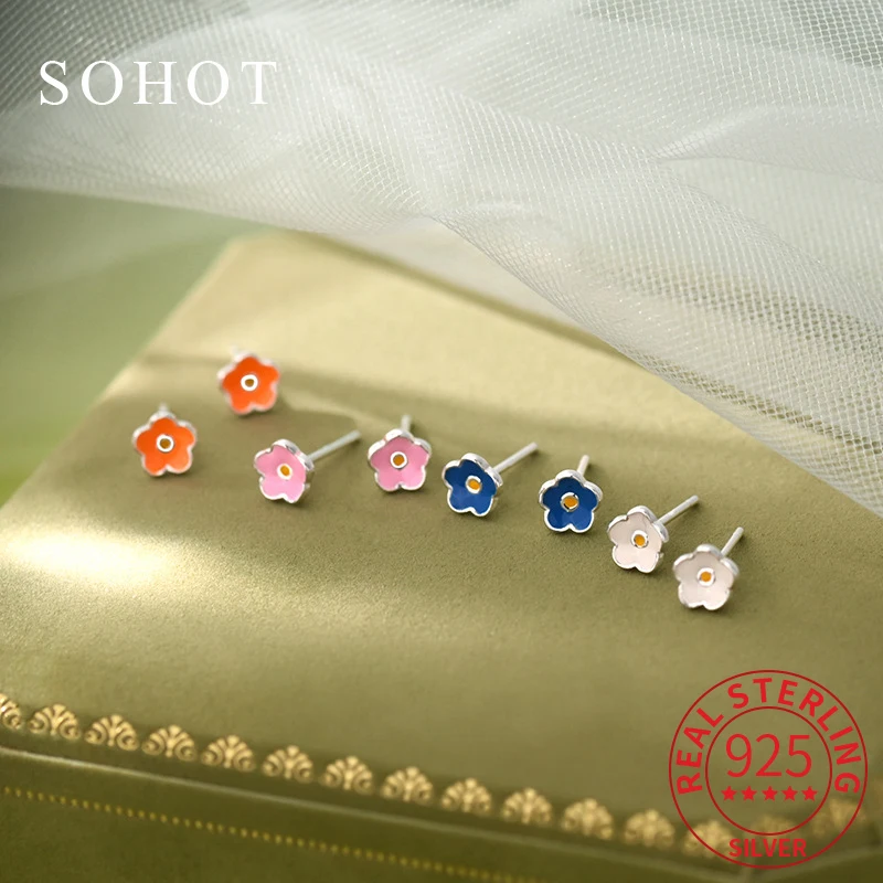 

Real 925 Sterling Silver Colorful Cartoon Flower Drop Glue Mini Stud Earrings for Women Cute Sweet Fine Jewelry Accessories