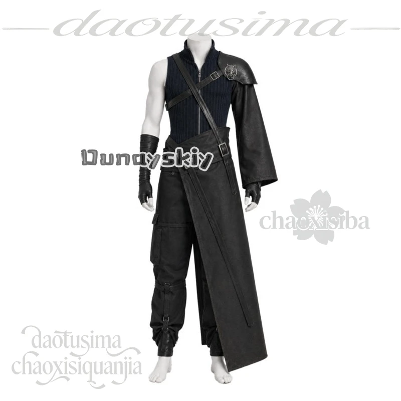 KS*15Anime Game Cosplay Cloudoud Costume Cool Handsome Punk All Black Sleeveless Top Pants Cape Halloween Role Play Party