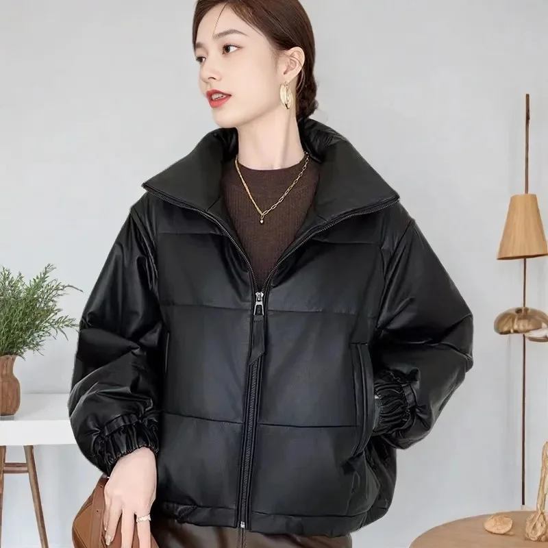 Jaket Parka Wanita Korea Ukuran Besar 5XL 2025 Kerah Tegak Kulit PU Jaket Puffer Musim Dingin Wanita Kulit Katun Tebal