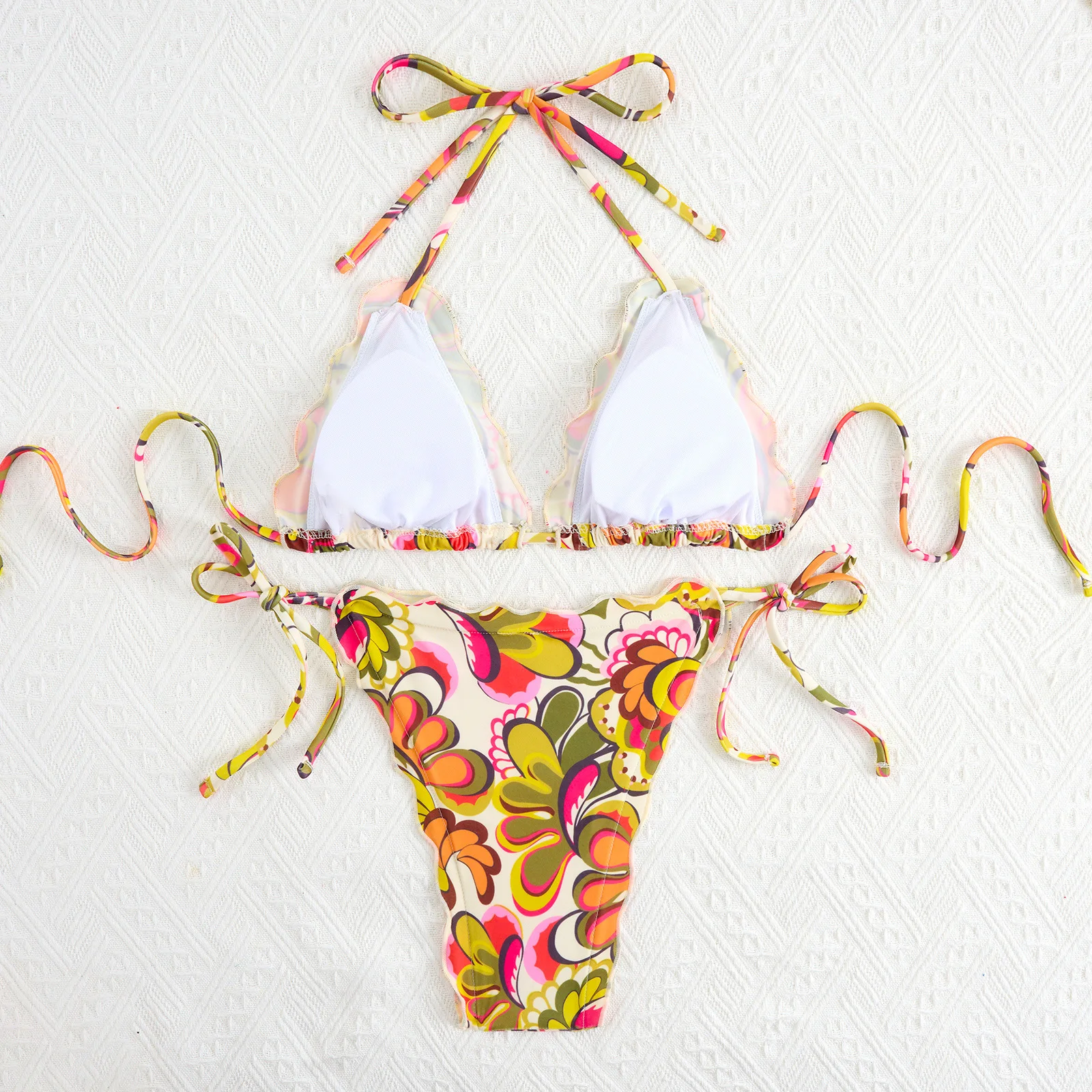 2025 Women's Floral Micro Bikini Set Sexy Drawstring Tie-Front Triangle Top & High Waist Panties Bandage Two-Piece Swimwear New