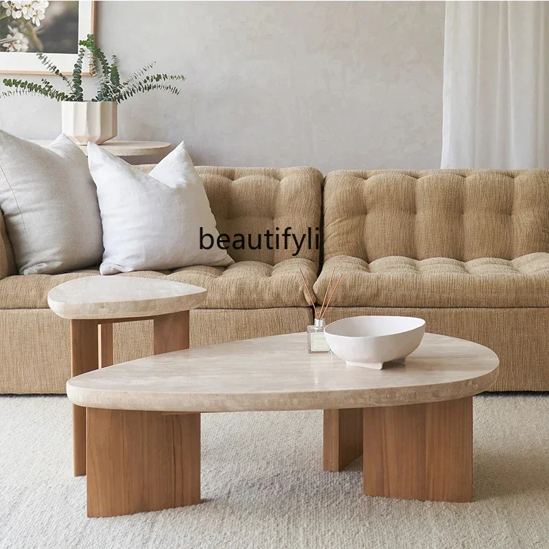 

yj7 Imported natural travertine coffee table, coffee table creative small apartment household wabi-sabi French coffee table2005