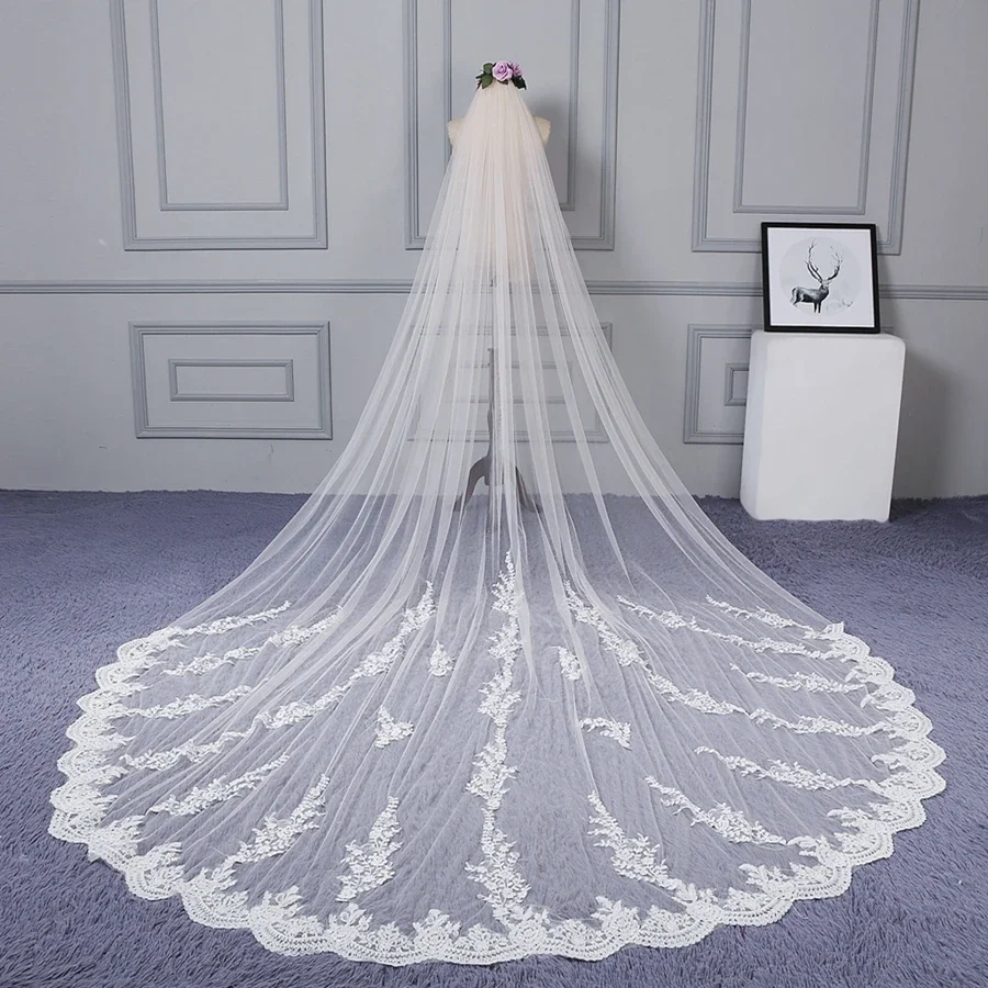 

White Ivory Cathedral Wedding veils Lace Applique Bride veils for women wedding accessories Velos de novia boda