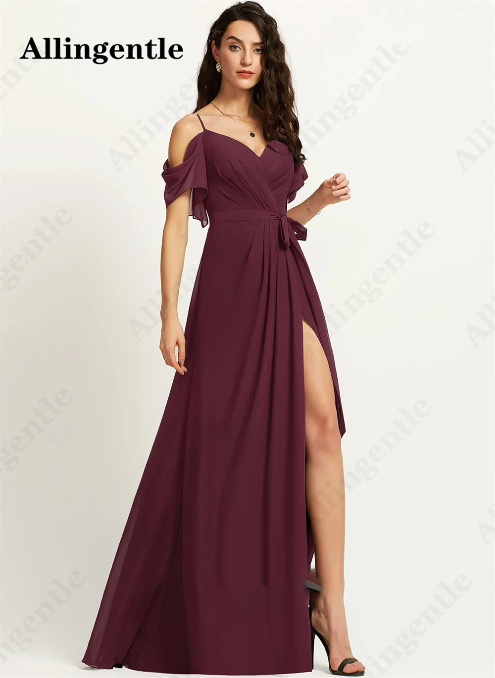 Allingentle Elegant Bridesmaid Dresses Spaghetti Straps V-Neck Maid Of Honor Gown Ruffles Sleeve A-Line Side Slit Evening Gowns