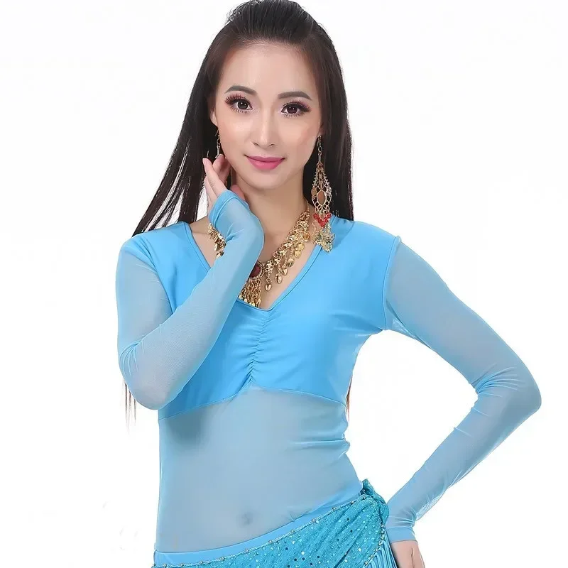 Women Belly Dance Mesh Top Long Sleeve Transparent Sexy Blouse Dancer Practice Base Safty Wear Big Size