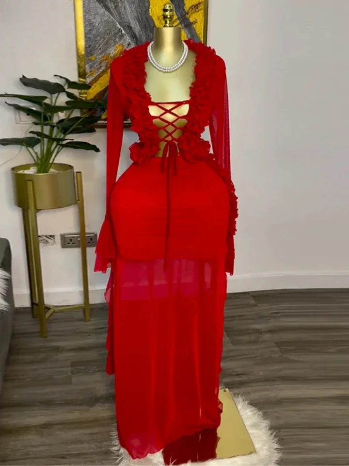 Fashion Women Set Mesh Full Sleeve Street Sweet Crop Tops Shirts + Long Skirts Suits  Ruffles Two 2 Piece Sets Dress