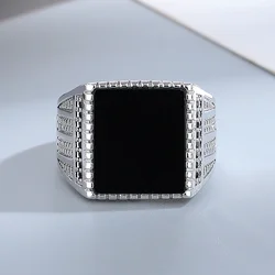 Silver Jewelry Ring Natural 12*14mm Rectangle Big Black Agate Stone Vintage Ring For Women Party Gifts