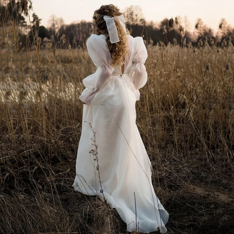 Lsyx-vestido de novia de Organza con cuello en V para mujer, traje de boda bohemio de línea A, manga larga abullonada, longitud hasta el suelo, Playa