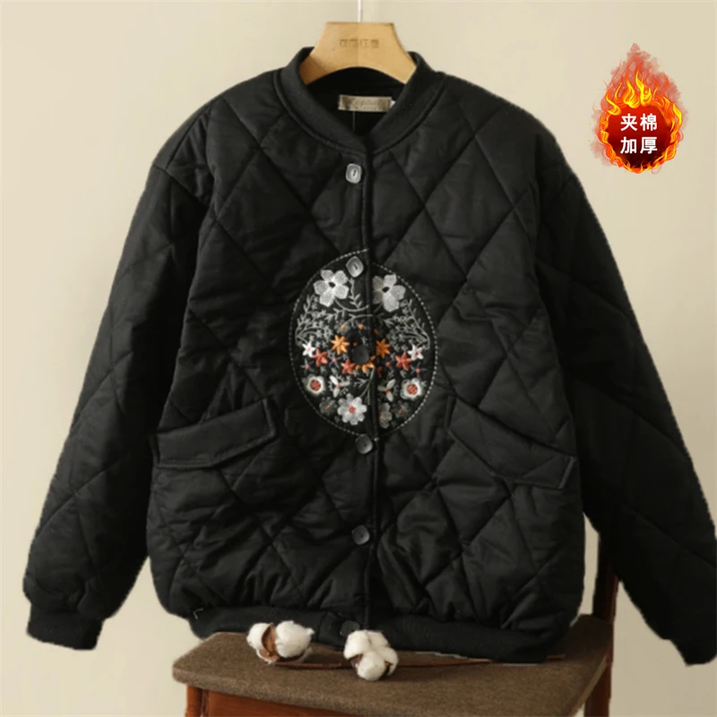 Mantel Vintage bordir bunga gaya China jaket bisbol wanita musim dingin kerah berdiri bantalan katun pola belah ketupat