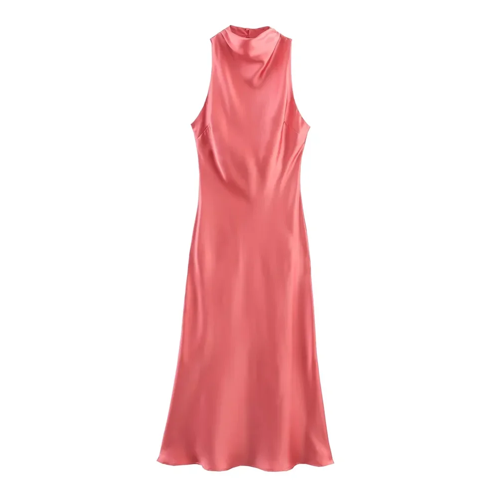 Summer New Arrivals Women's Sleeveless Temperament Straight Pure Color Satin Textured Midi Dress