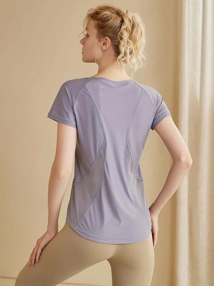 

Yoga Sport Top Women's ort Sve T-irt Thin Me Ba Splice Qui Dry Fitn orm round Ne Pure Color Running Outfit