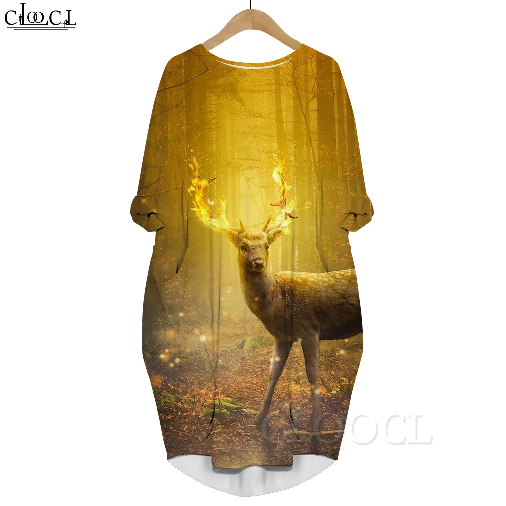 CLOOCL Populaire dierenjurk met lange mouwen Losse casual pulloverjurk Zonsondergang Elanden Graphics 3D-geprinte zakjurk voor dames