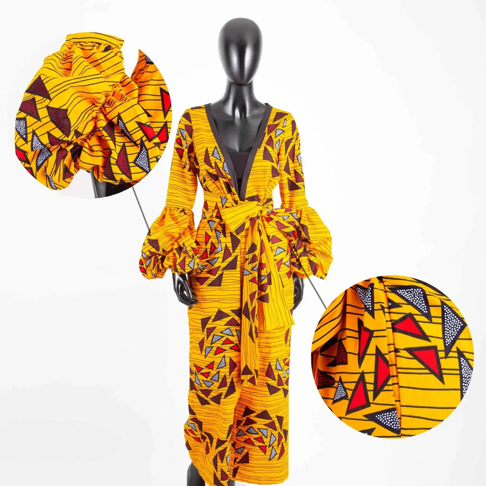 African Casual Jumpsuit for Women AFRIPRIDE Full Puff Sleeve Deep V-neck Women Cotton Jumpsuit with Sashes In Front A1829001