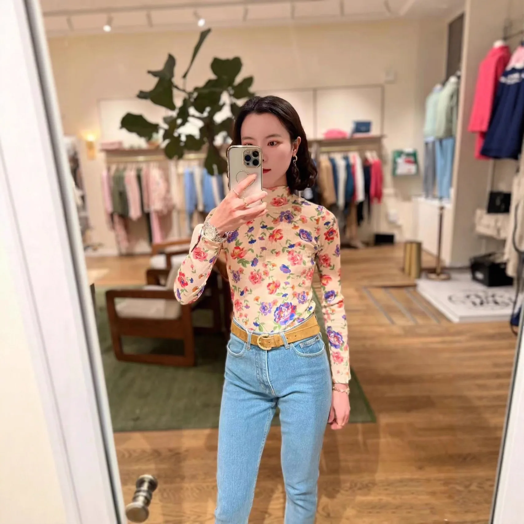 

Французский тонкий облегающий пуловер с длинными рукавами и цветочным принтом, с высоким воротником, женский топ, осенне-зимняя новинка