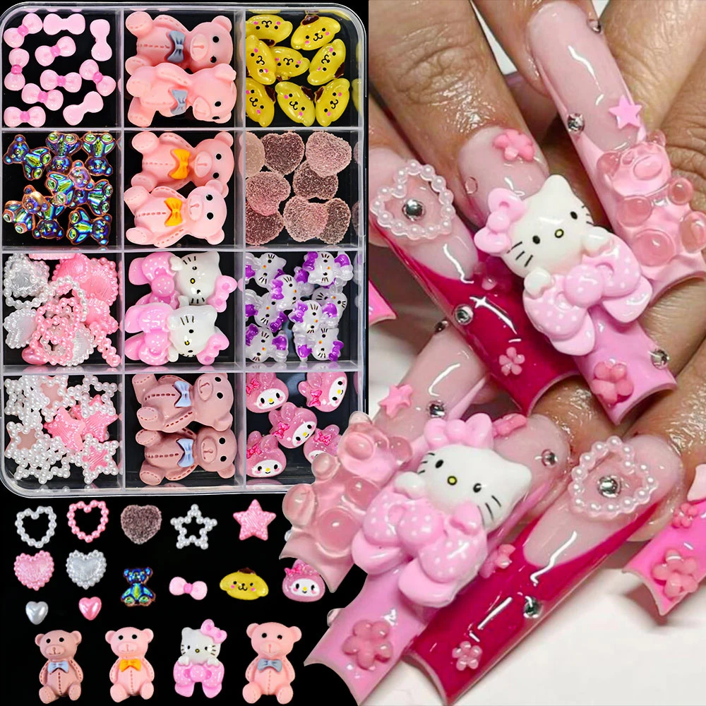 12 Grids Mixed Hello Kitty Nail Charms 3D Little Bear Bow Heart Design Nail Diy Rhinestones Flatback Sanrio For Manicure Decor