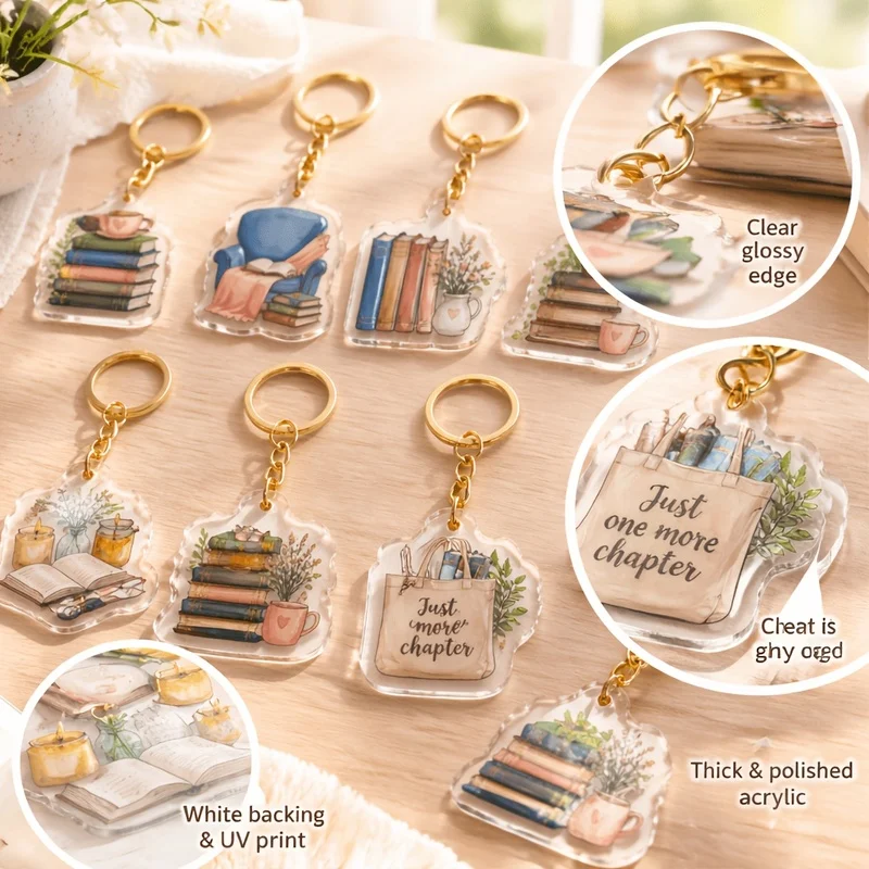 8pcs Literary Book Scene Acrylic Keychain – 2D Flat Pendant, Gift for Book Lovers & Students