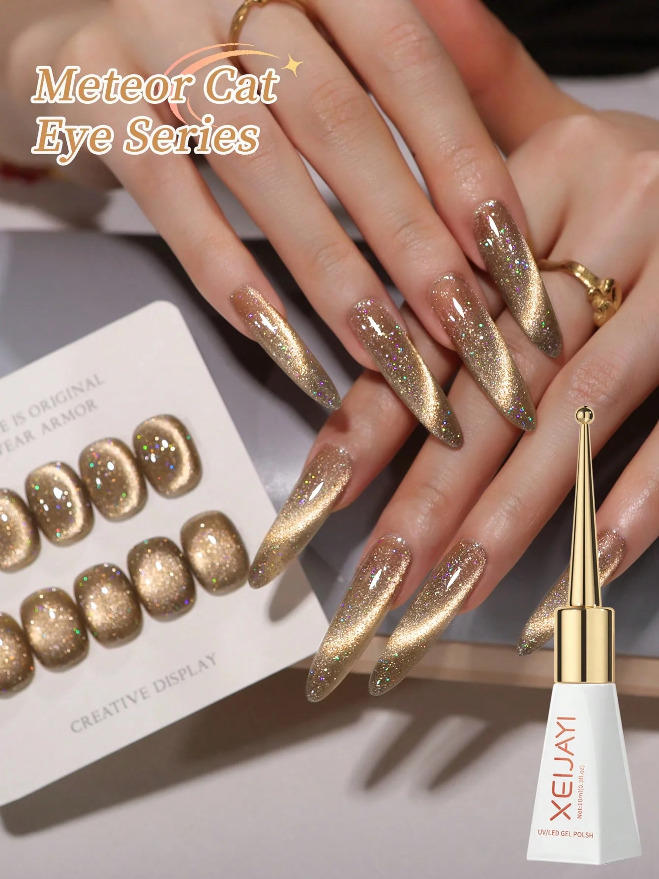 XEIJAYI 1 Stück 10ml Goldener Meteor Katzenauge Gel-Nagellack - Langanhaltender Glanz Nagelkunst-Gel für Salon-Nageldesign DIY Frauengeschenke