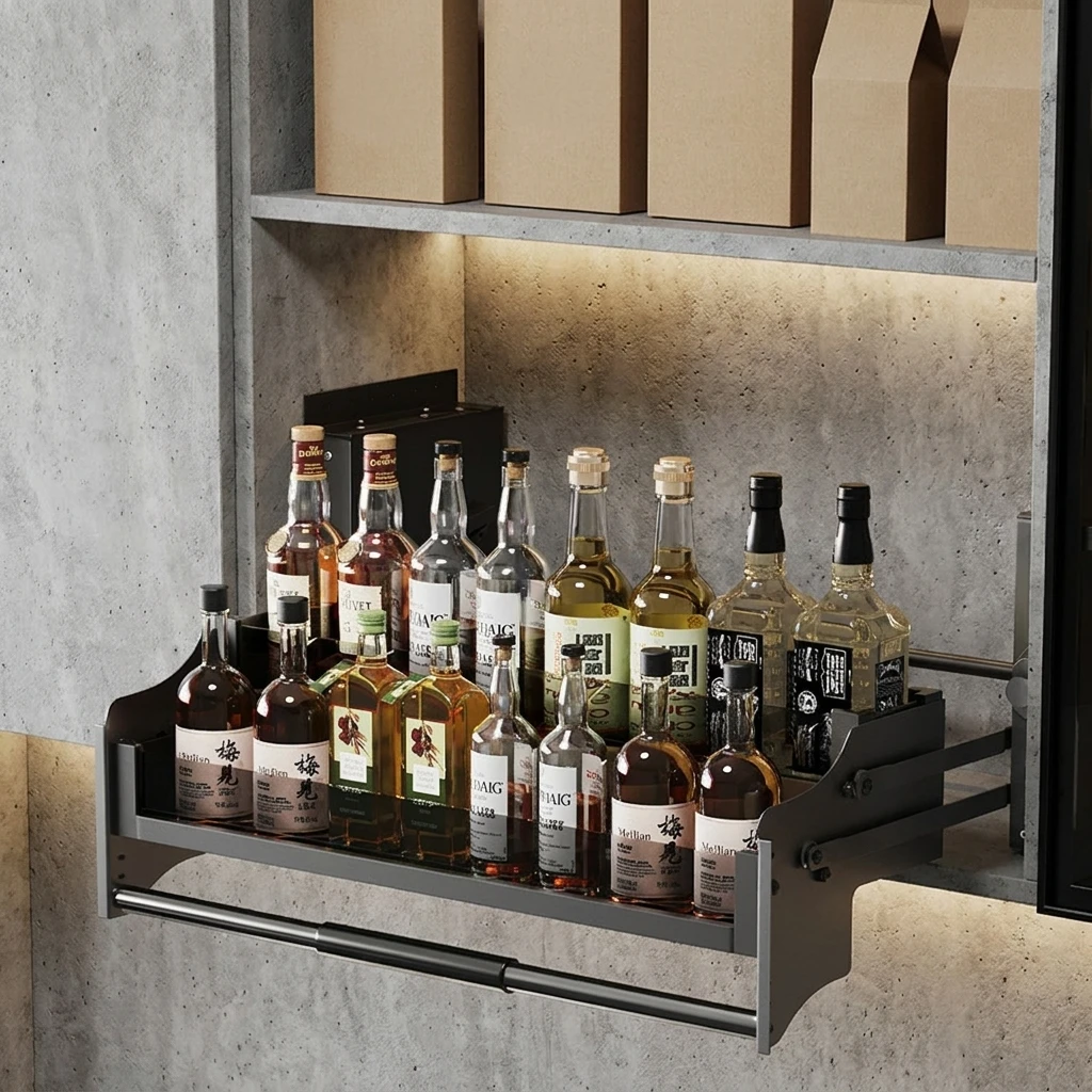 & Lift-Up Pull-Down Kitchen Cabinet Storage Basket Retractable Single-Tier Spice Rack Organizer for Upper Cabinets Space Saving