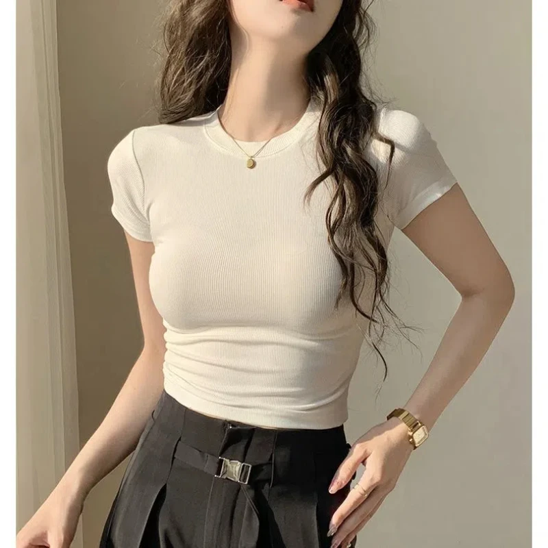 Zomer Nieuwe Draad Ronde Hals T-shirts Dameskleding Korte Mouwen Strakke Fit All-Match Eenvoud Koreaanse Temperament Chic tops