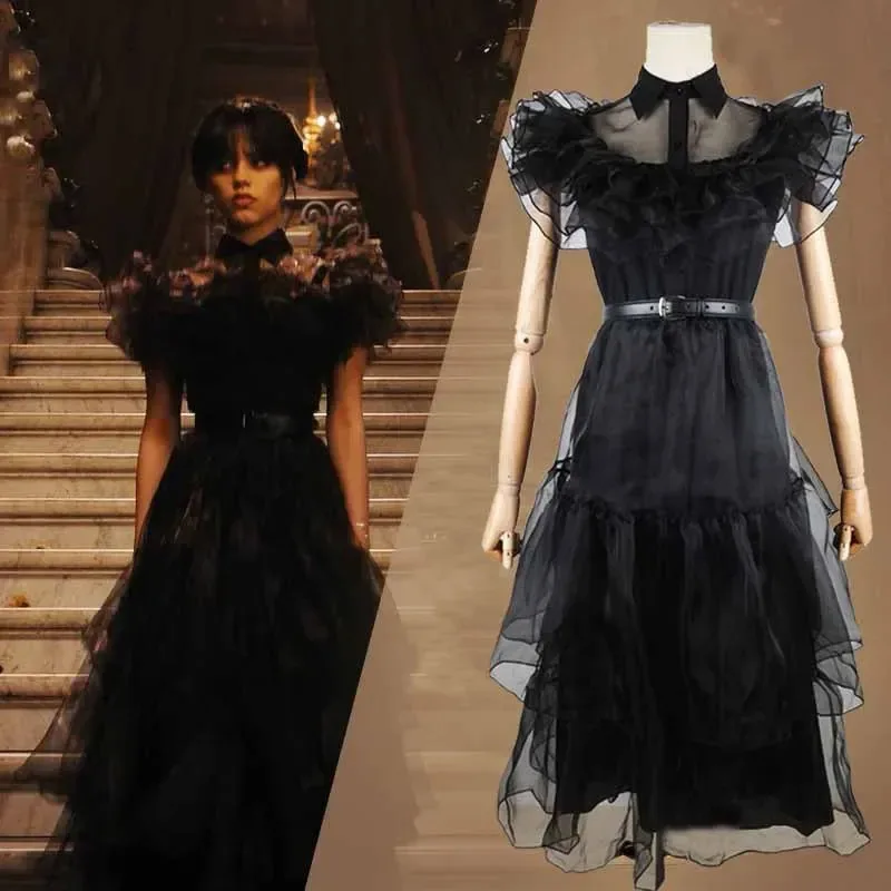 

Wednesday Adams role play costume 2023 new Halloween carnival party black evening dress girls lace cut-out princess skirt