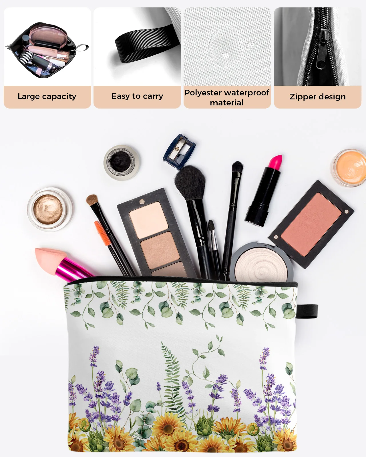 Wild Flower Eucalyptus Sunflower Plant Lavender Custom Cosmetic Bag Portable Makeup Storage Pouch Women Waterproof Pencil Case