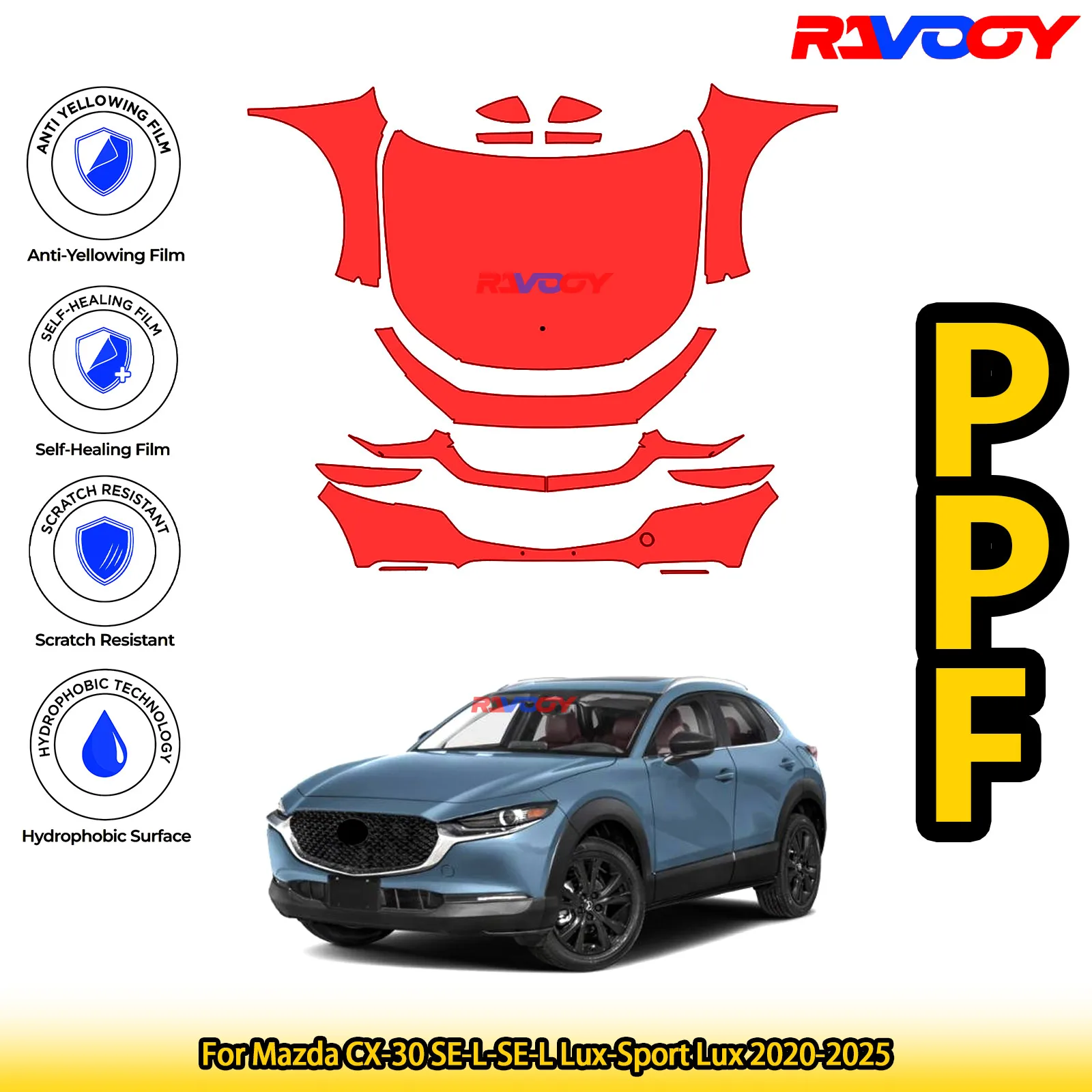 

For Mazda CX-30 SE-L-SE-L Lux-Sport Lux 2020-2025 Glossy Matte Black Precut front PPF Kit Paint Protection Film
