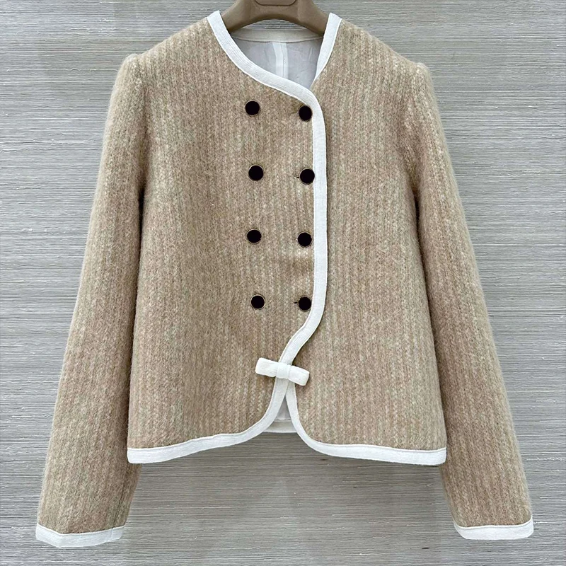 

High quality woman mohair knitwear jacket with double breasted buttons, gentle and elegant coat 251213110