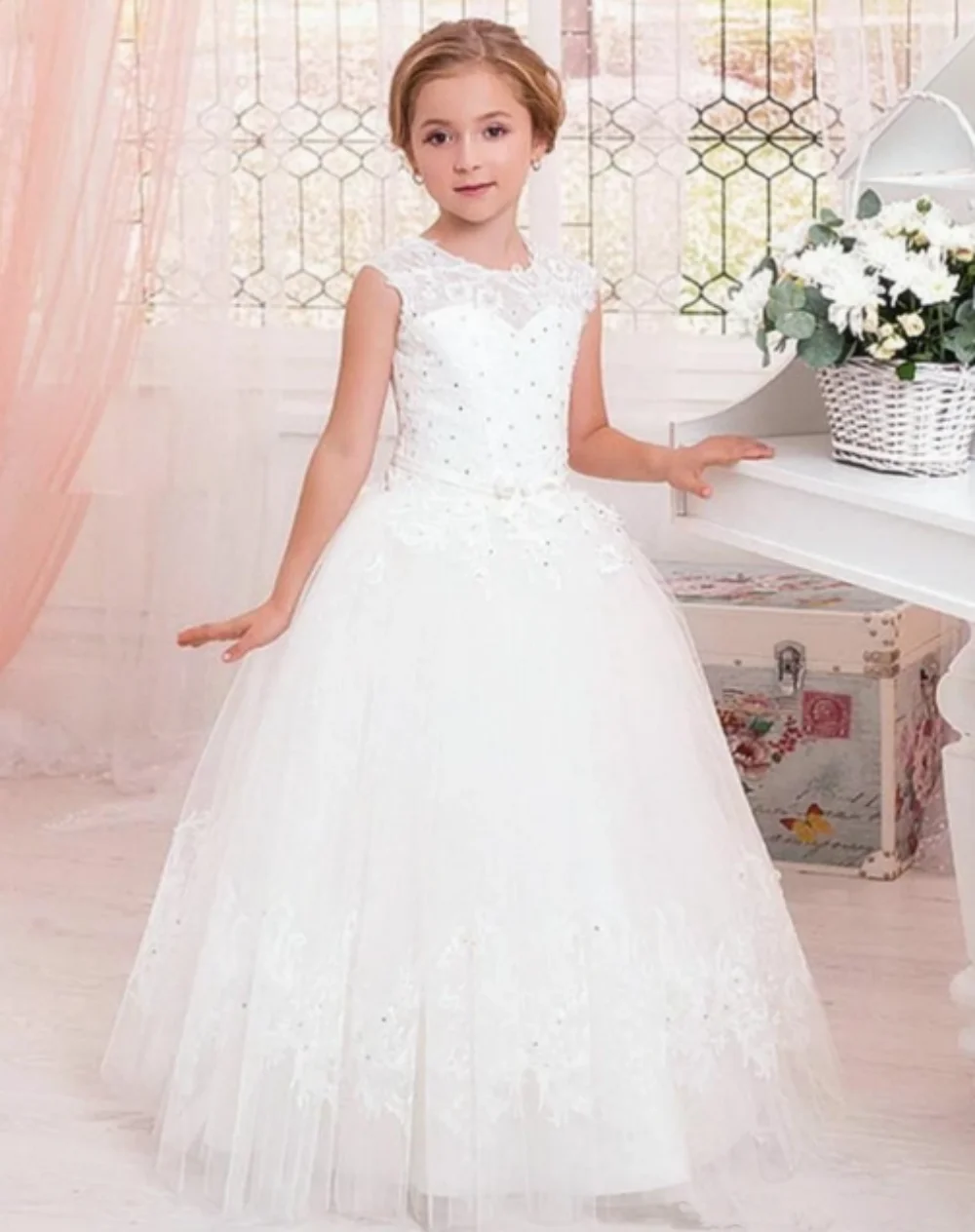 

Elegant Waist Lace Flower Girl Dresses For Wedding Appliques White Bow Sequins Ball Gown First Communion Party Dress vestidos