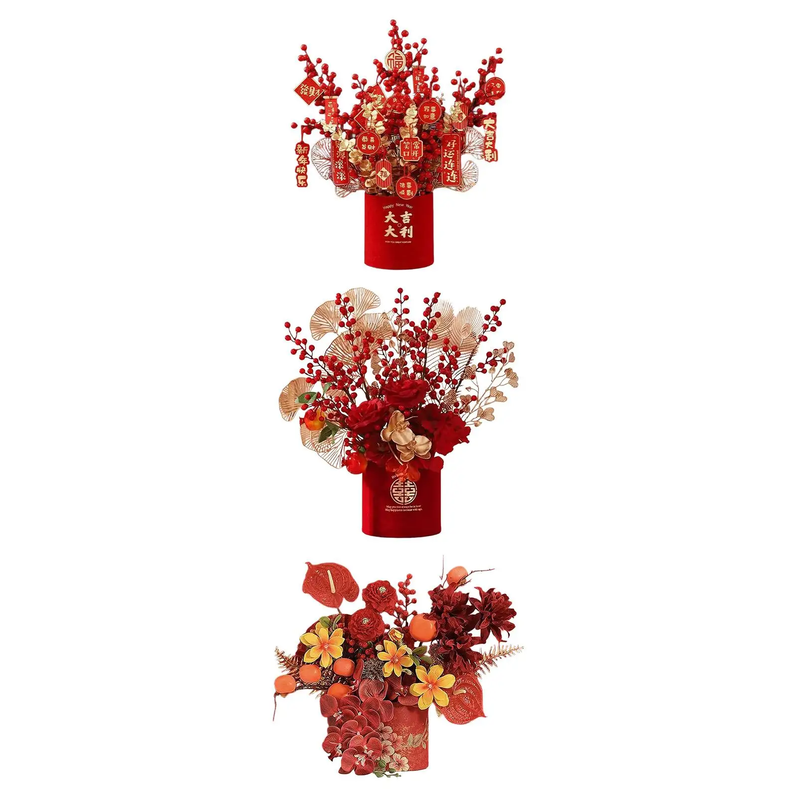 

Китайское новогоднее украшение, ведро с благословением, цветочная композиция, 2026, украшение, искусственная красная ягода для вечеринки, офиса, праздника