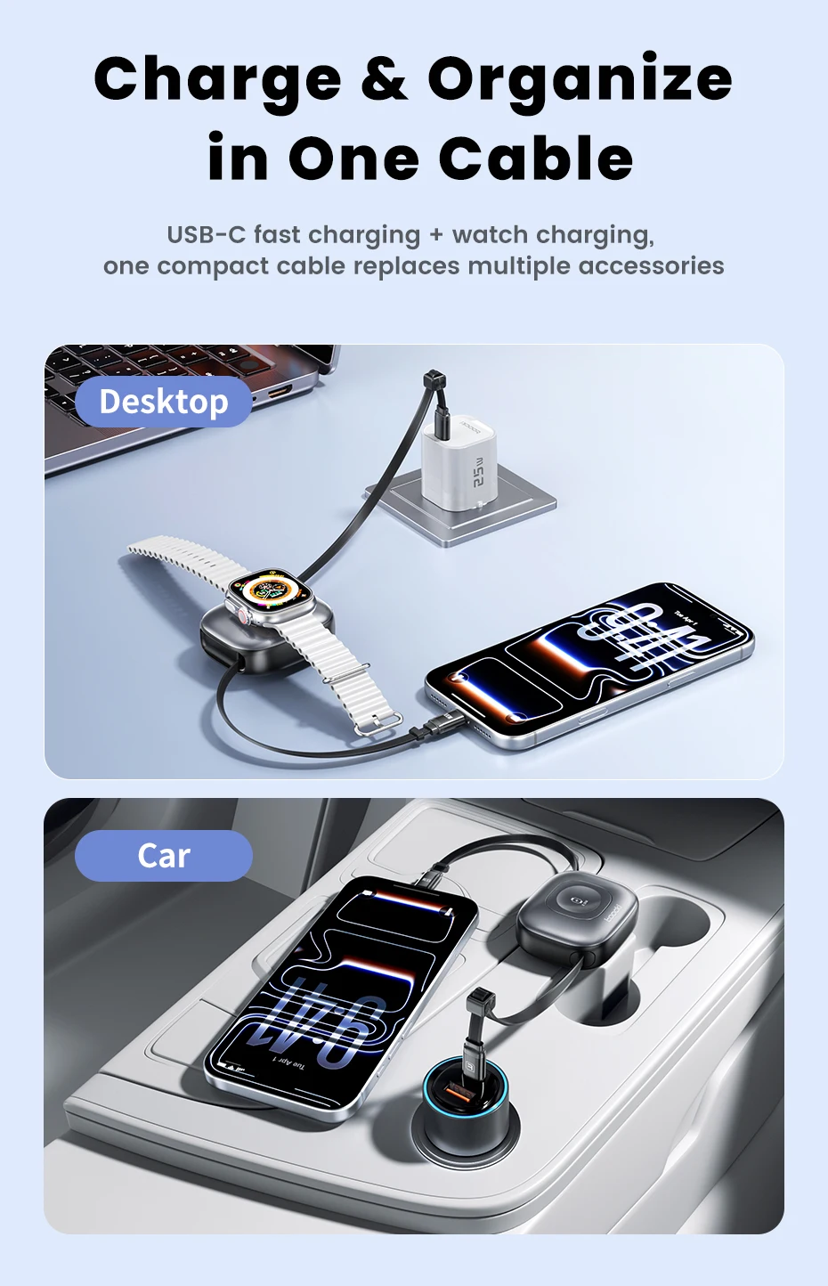 Toocki 2-in-1 ausziehbares Kabel PD100W USB-C Schnellladekabel + 2,5W kabelloses Uhren-Ladegerät für iPhone/Apple Watch Xiaomi Huawei – Detail 6
