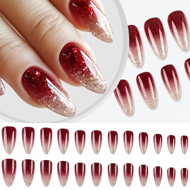 New 24pcs Sparkling Red Cat Magnet Fake Nail Fashion Wearable Fake Nails Artificial Press on Fake Nails Tips Nails Art Manicure