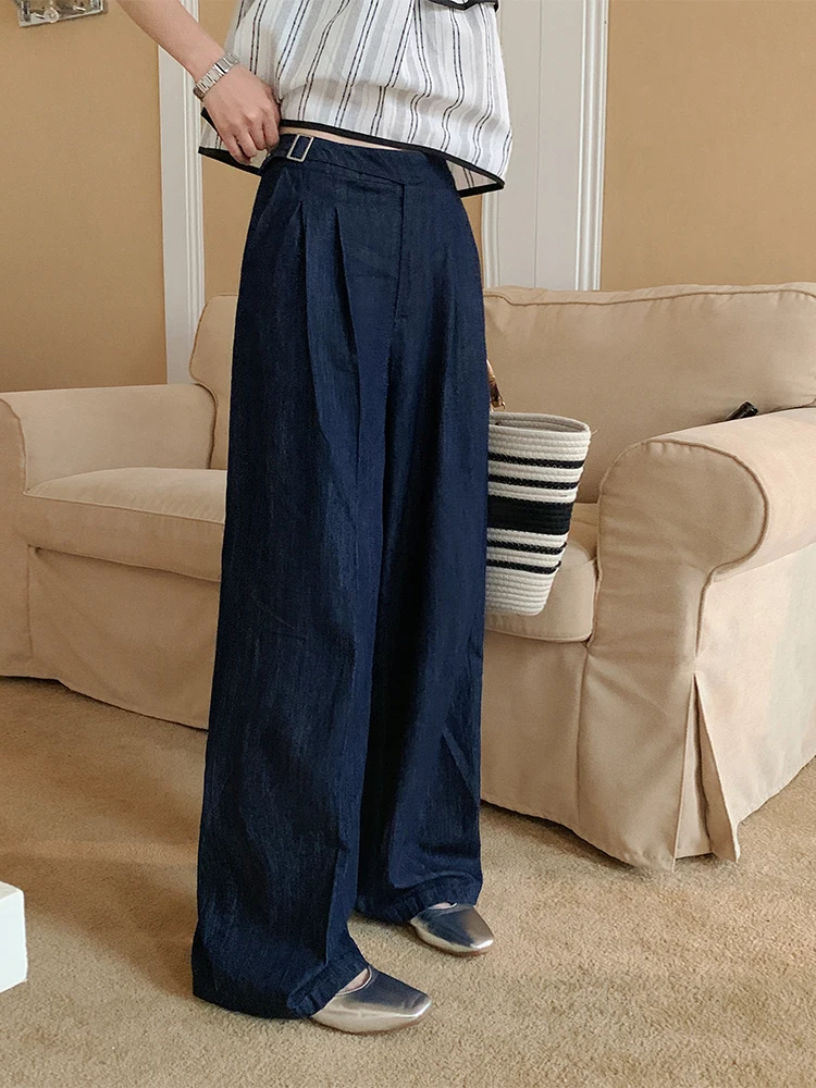 

Джинсы Deep Blue из стираного хлопка с высокой талией, прямые, повседневные брюки с боковым синим дизайном, корейский стиль, летняя мода для женщин